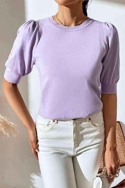 Round Neck Puff Sleeve Knit Top