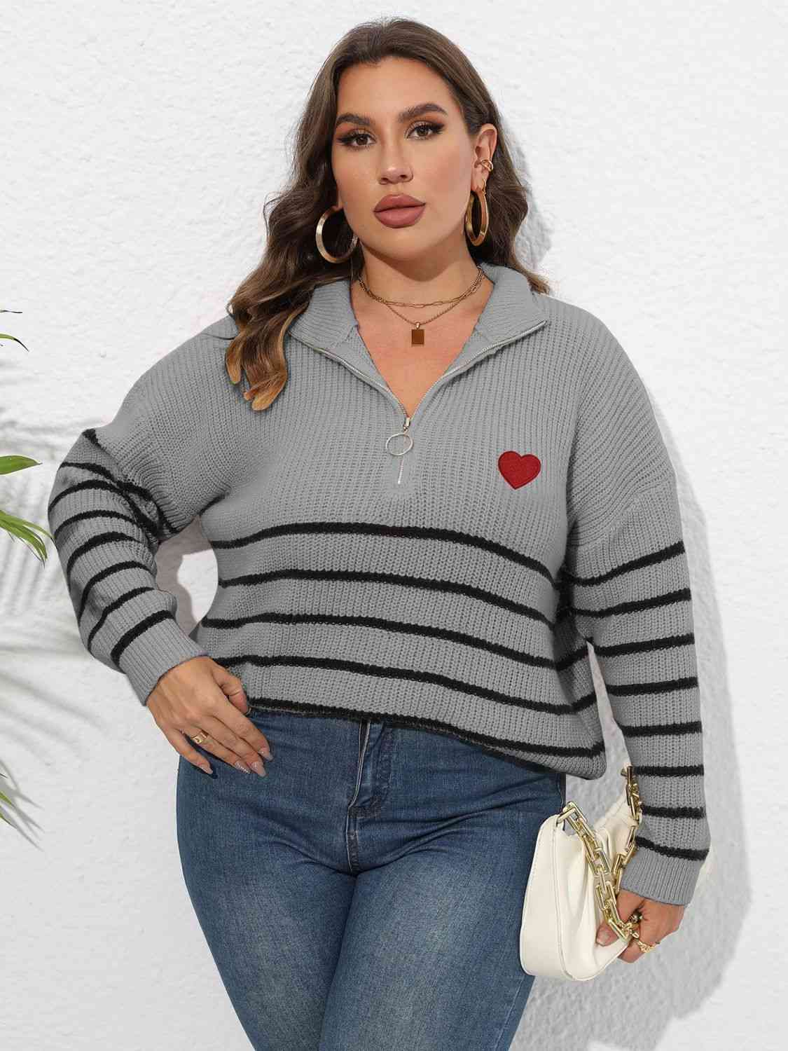 Plus Size Zip-Up Striped Sweater