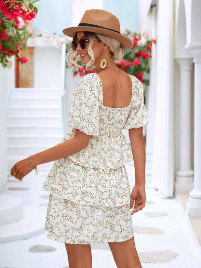 Floral Smocked Puff Sleeve Square Neck Layered Dress